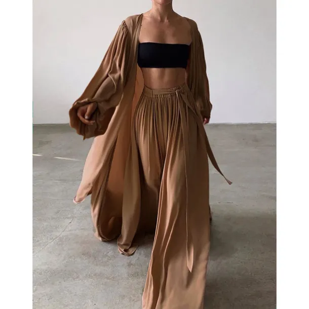 Women Sexy Boho Shirt Cotton Linen Sets Two Piece Sets Long Sleeve Puff Sleeve Plain Going out Beach Black White Camel Fall & Winter Loose Fit