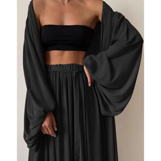 Women Sexy Boho Shirt Cotton Linen Sets Two Piece Sets Long Sleeve Puff Sleeve Plain Going out Beach Black White Camel Fall & Winter Loose Fit