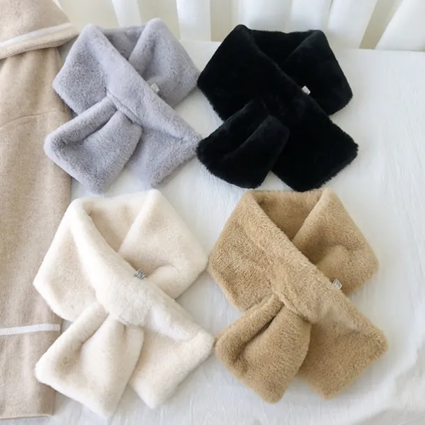 Women Winter Warm Thicken Scarfs Solid Color Faux Fur Plush Cross Collar Scarf Elegant Warm Fashion Accessories
