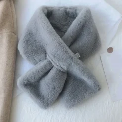 Women Winter Warm Thicken Scarfs Solid Color Faux Fur Plush Cross Collar Scarf Elegant Warm Fashion Accessories