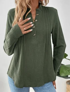 Women's 100% Cotton Shirt Solid Color Elegant Daily Ladies Long Sleeve V Neck High Neck Regular Tops Work Daily Holiday Ruched Army Green Spring Fall