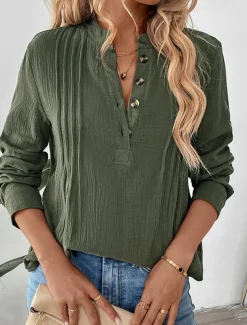 Women's 100% Cotton Shirt Solid Color Elegant Daily Ladies Long Sleeve V Neck High Neck Regular Tops Work Daily Holiday Ruched Army Green Spring Fall