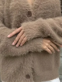 Women's Knit Fuzzy Oversized Cardigan V Neck Cardigan Fall Winter Work Elegant Streetwear Daily Long Sleeve Solid Color Brown Light Grey