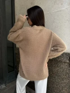 Women's Knit Fuzzy Oversized Cardigan V Neck Cardigan Fall Winter Work Elegant Streetwear Daily Long Sleeve Solid Color Brown Light Grey