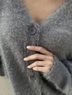 Women's Knit Fuzzy Oversized Cardigan V Neck Cardigan Fall Winter Work Elegant Streetwear Daily Long Sleeve Solid Color Brown Light Grey