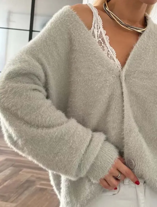 Women's Knit Fuzzy Oversized Cardigan V Neck Cardigan Fall Winter Work Elegant Streetwear Daily Long Sleeve Solid Color Brown Light Grey