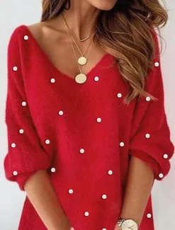 Women's Casual Dress Fuzzy Mini Dress Patchwork Casual V Neck Long Sleeve Wine Red Color