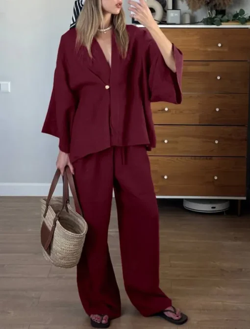 Women's 100% Cooton Elegant Vacation Vintage Pants Sets Long Sleeve Bell Sleeve V Neck Plain Vacation Casual Holiday Red Summer Loose Fit