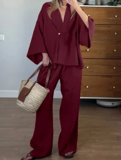 Women's 100% Cooton Elegant Vacation Vintage Pants Sets Long Sleeve Bell Sleeve V Neck Plain Vacation Casual Holiday Red Summer Loose Fit
