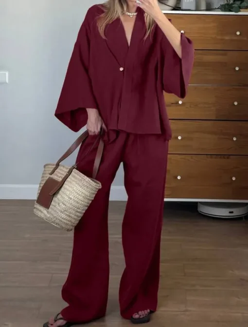 Women's 100% Cooton Elegant Vacation Vintage Pants Sets Long Sleeve Bell Sleeve V Neck Plain Vacation Casual Holiday Red Summer Loose Fit