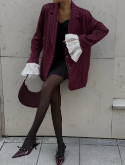 Women's 100% Cotton Blazer Breathable Ruffle Patchwork Stripe Elegant Vintage Sweet Stripes Vacation Party Casual Daily Single Breasted Long Notch Lapel Loose Fit Long Sleeve Outerwear Burgundy Gra