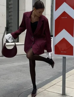 Women's 100% Cotton Blazer Breathable Ruffle Patchwork Stripe Elegant Vintage Sweet Stripes Vacation Party Casual Daily Single Breasted Long Notch Lapel Loose Fit Long Sleeve Outerwear Burgundy Gra