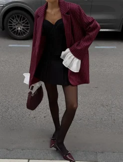 Women's 100% Cotton Blazer Breathable Ruffle Patchwork Stripe Elegant Vintage Sweet Stripes Vacation Party Casual Daily Single Breasted Long Notch Lapel Loose Fit Long Sleeve Outerwear Burgundy Gra