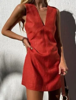 Women's 100% Cotton Mini Dress Shift Dress Casual Party Daily Holiday Regular Fit Plain Sleeveless V Neck Hemp Black White Red Summer