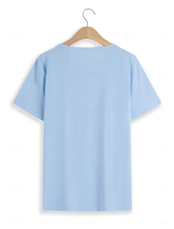 Women's 100% Cotton Shirt Blouse Button Print Weekend Streetwear Basic Casual Linen Like Short Sleeve Crew Neck White Summer Spring