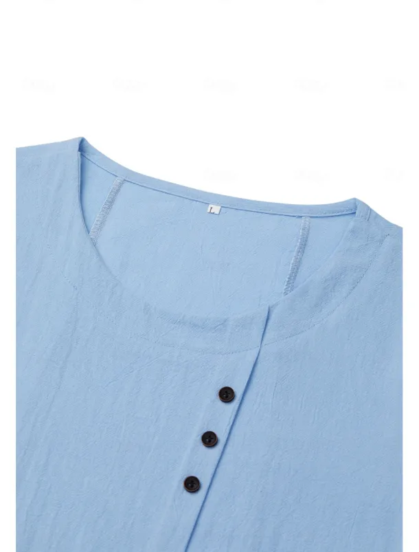 Women's 100% Cotton Shirt Blouse Button Print Weekend Streetwear Basic Casual Linen Like Short Sleeve Crew Neck White Summer Spring