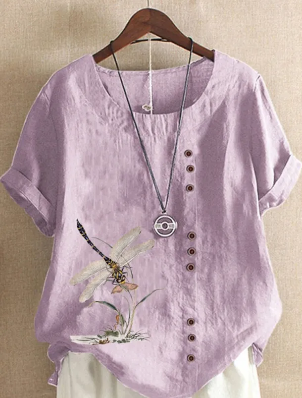 Women's 100% Cotton Shirt Blouse Button Print Weekend Streetwear Basic Casual Linen Like Short Sleeve Crew Neck White Summer Spring