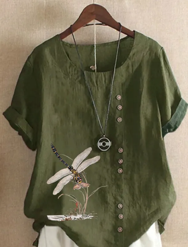 Women's 100% Cotton Shirt Blouse Button Print Weekend Streetwear Basic Casual Linen Like Short Sleeve Crew Neck White Summer Spring