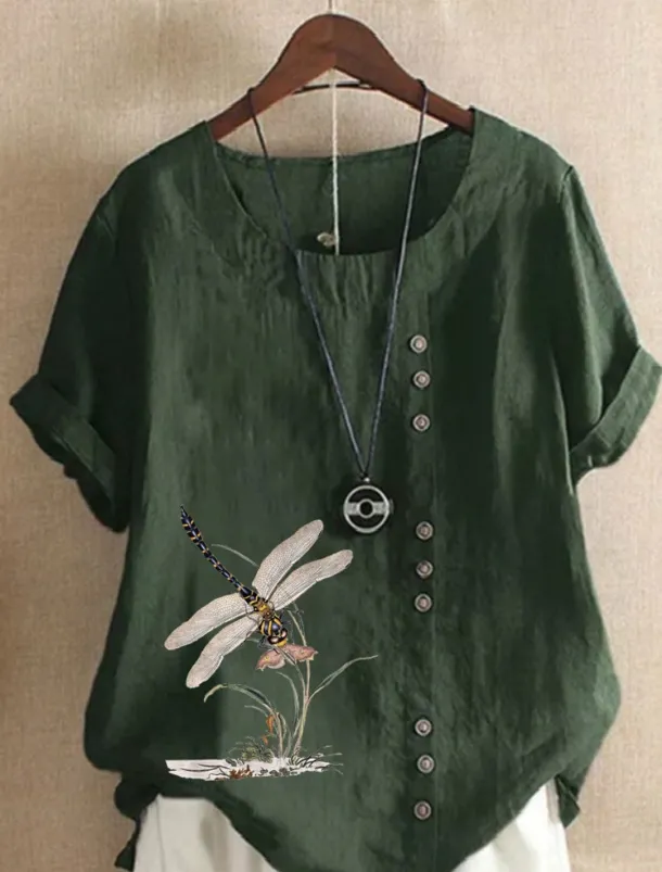 Women's 100% Cotton Shirt Blouse Button Print Weekend Streetwear Basic Casual Linen Like Short Sleeve Crew Neck White Summer Spring