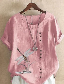 Women's 100% Cotton Shirt Blouse Button Print Weekend Streetwear Basic Casual Linen Like Short Sleeve Crew Neck White Summer Spring