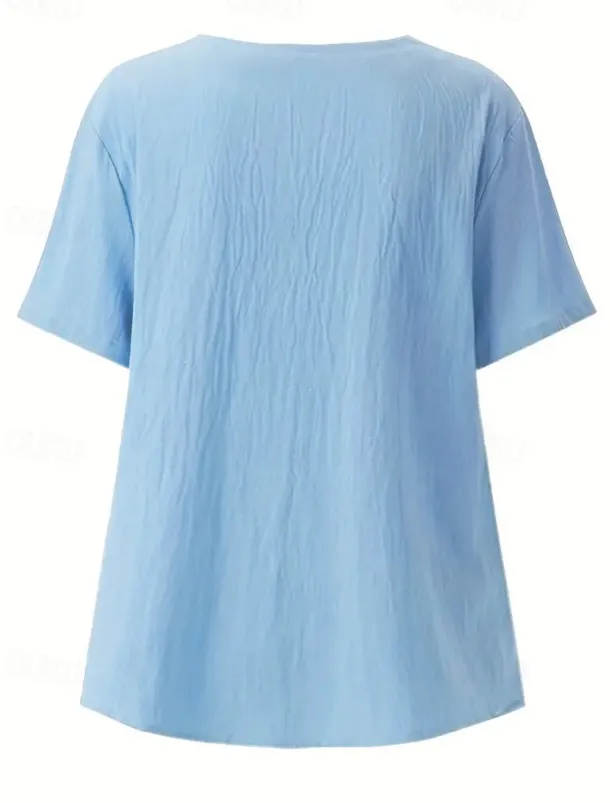 Women's 100% Cotton Shirt Blouse Button Print Weekend Streetwear Basic Casual Linen Like Short Sleeve Crew Neck White Summer Spring