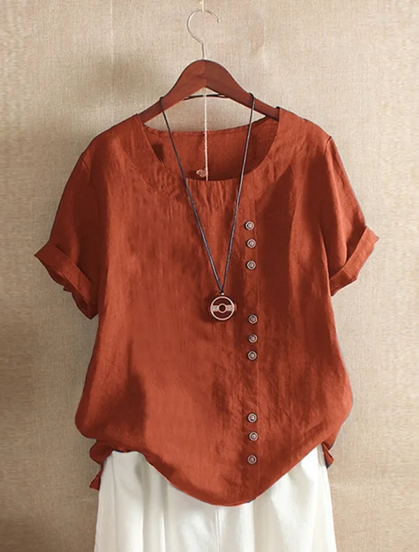 Women's 100% Cotton Shirt Patchwork Casual Daily Weekend Solid Casual Linen Like Short Sleeve Crew Neck Round Neck White Summer Spring