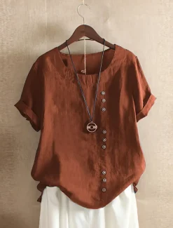 Women's 100% Cotton Shirt Patchwork Casual Daily Weekend Solid Casual Linen Like Short Sleeve Crew Neck Round Neck White Summer Spring