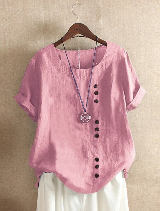 Women's 100% Cotton Shirt Patchwork Casual Daily Weekend Solid Casual Linen Like Short Sleeve Crew Neck Round Neck White Summer Spring