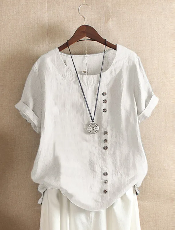 Women's 100% Cotton Shirt Patchwork Casual Daily Weekend Solid Casual Linen Like Short Sleeve Crew Neck Round Neck White Summer Spring