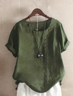 Women's 100% Cotton Shirt Patchwork Casual Daily Weekend Solid Casual Linen Like Short Sleeve Crew Neck Round Neck White Summer Spring