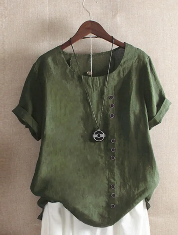 Women's 100% Cotton Shirt Patchwork Casual Daily Weekend Solid Casual Linen Like Short Sleeve Crew Neck Round Neck White Summer Spring