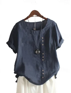 Women's 100% Cotton Shirt Patchwork Casual Daily Weekend Solid Casual Linen Like Short Sleeve Crew Neck Round Neck White Summer Spring