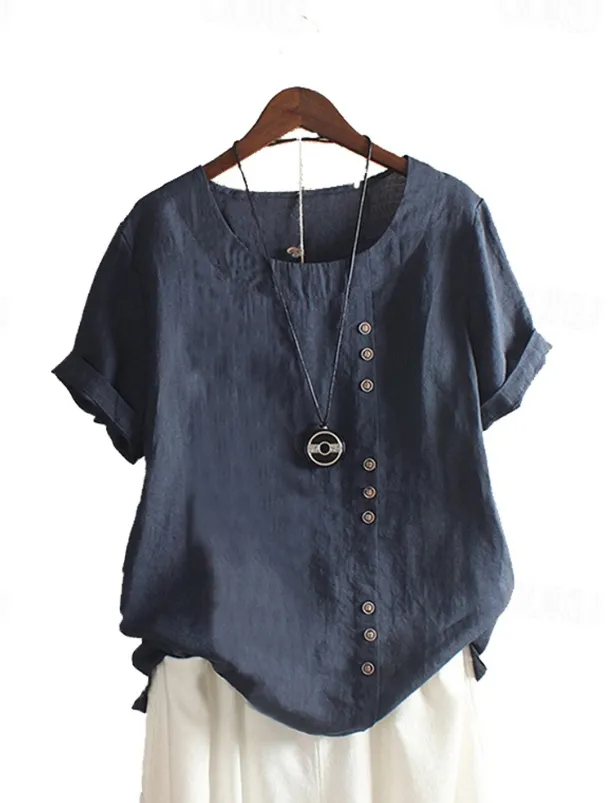 Women's 100% Cotton Shirt Patchwork Casual Daily Weekend Solid Casual Linen Like Short Sleeve Crew Neck Round Neck White Summer Spring