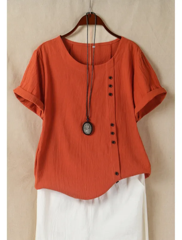 Women's 100% Cotton Shirt Patchwork Casual Daily Weekend Solid Casual Linen Like Short Sleeve Crew Neck Round Neck White Summer Spring