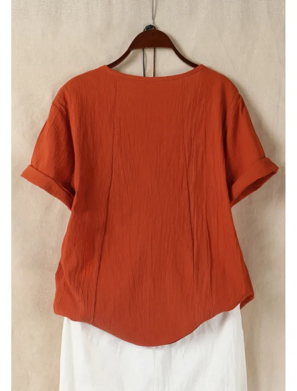 Women's 100% Cotton Shirt Patchwork Casual Daily Weekend Solid Casual Linen Like Short Sleeve Crew Neck Round Neck White Summer Spring