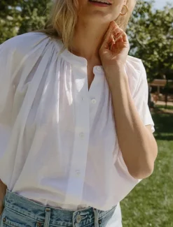 Women's 100% Cotton Shirt Plain Elegant Vintage Cute Short Sleeve Batwing Sleeve Crew Neck Regular Tops Work Daily Holiday Ruched White Pink Summer Spring