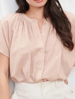 Women's 100% Cotton Shirt Plain Elegant Vintage Cute Short Sleeve Batwing Sleeve Crew Neck Regular Tops Work Daily Holiday Ruched White Pink Summer Spring