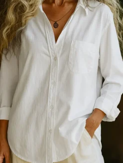 Women's 100% Cotton Shirt Solid Color Bohemia Vintage Daily Long Sleeve Shirt Collar Regular Tops Daily Holiday Pocket White Pink Red Blue Purple Spring, Fall, Winter,