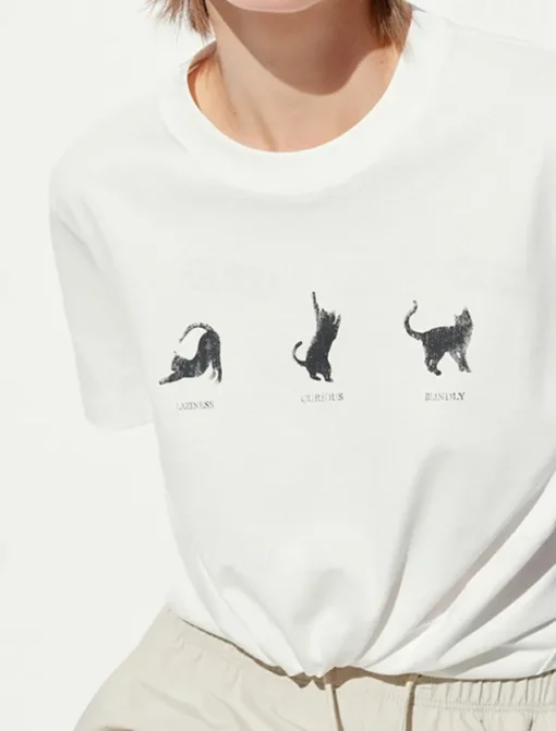 Women's 100% Cotton T Shirt Animal Cat Letter Stylish Basic Modern Short Sleeve Crew Neck Regular Tops Daily Sports Going out Print White Spring, Fall, Winter, Summer