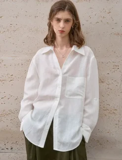 Women's 100% Linen Shirt Solid Color Elegant Vintage Daily Long Sleeve Shirt Collar Regular Tops Work Daily Holiday Light Yellow Big white Summer Spring Fall