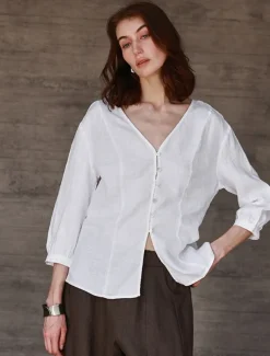 Women's 100% Linen Shirt Solid Color Plain Elegant Vintage Daily 3/4 Length Sleeve V Neck Regular Tops Work Daily Holiday Hemp White Summer Spring Fall