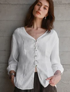 Women's 100% Linen Shirt Solid Color Plain Elegant Vintage Daily 3/4 Length Sleeve V Neck Regular Tops Work Daily Holiday Hemp White Summer Spring Fall