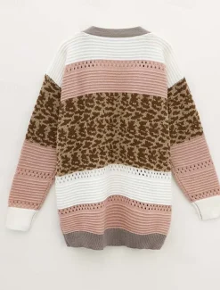 Women's Long CardiganL Leopard Striped Knit Hollow Out Knitted Fall Winter Going out Weekend Streetwear Casual Long Sleeve Leopard Striped Pink