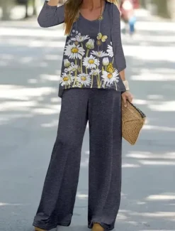 Women's 2 Pieces Basic Neon & Bright Shirt Blouse 3/4 Length Sleeve V Neck Ombre Floral Print Casual Linen Like White Navy Blue Blue Summer Regular Fit