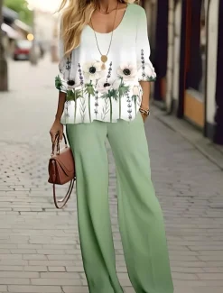 Women's 2 Pieces Basic Neon & Bright Shirt Blouse 3/4 Length Sleeve V Neck Ombre Floral Print Casual Linen Like White Navy Blue Blue Summer Regular Fit