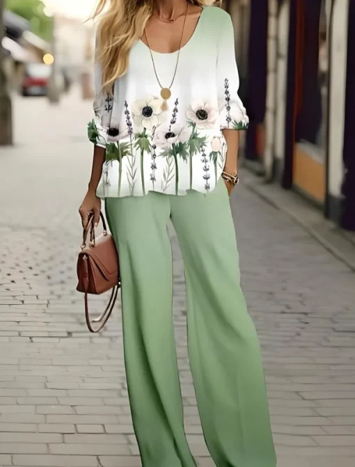 Women's 2 Pieces Basic Neon & Bright Shirt Blouse 3/4 Length Sleeve V Neck Ombre Floral Print Casual Linen Like White Navy Blue Blue Summer Regular Fit