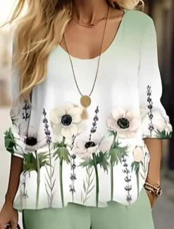 Women's 2 Pieces Basic Neon & Bright Shirt Blouse 3/4 Length Sleeve V Neck Ombre Floral Print Casual Linen Like White Navy Blue Blue Summer Regular Fit