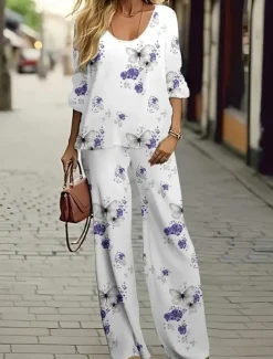 Women's 2 Pieces Basic Neon & Bright Shirt Blouse 3/4 Length Sleeve V Neck Ombre Floral Print Casual Linen Like White Navy Blue Blue Summer Regular Fit