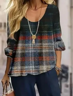 Women's 2 Pieces Basic Neon & Bright Shirt Blouse 3/4 Length Sleeve V Neck Ombre Geometric Print Casual Dark Navy Summer Regular Fit