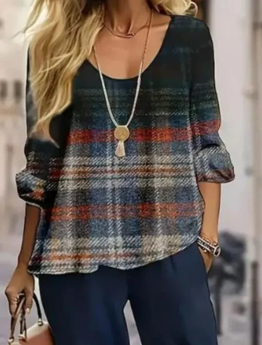Women's 2 Pieces Basic Neon & Bright Shirt Blouse 3/4 Length Sleeve V Neck Ombre Geometric Print Casual Dark Navy Summer Regular Fit